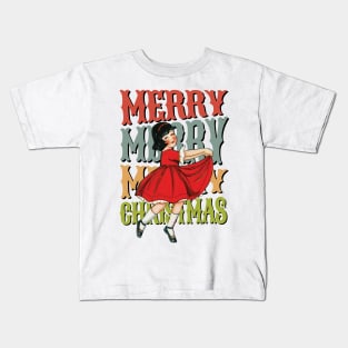 Retro Little Girl Merry Christmas Kids T-Shirt